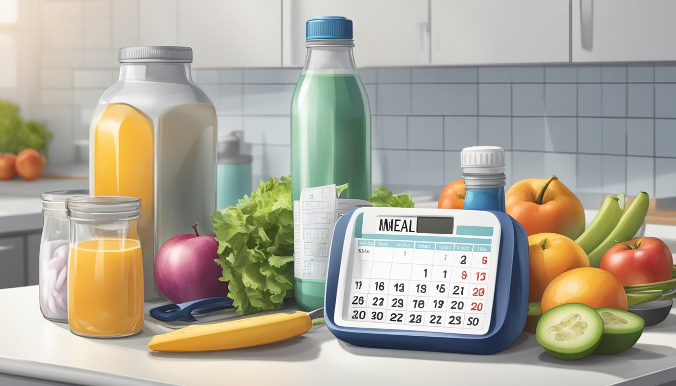 A bottle of Qsymia sits on a clean, white countertop, surrounded by a measuring tape, a scale, and a healthy meal. A calendar with the days crossed off is visible in the background