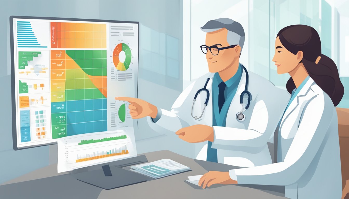 A doctor discussing Qsymia with a patient, pointing to a chart showing weight management expectations