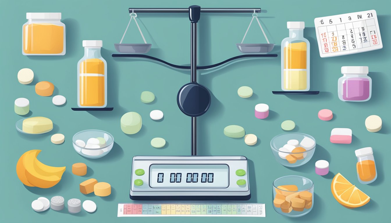 A scale surrounded by various weight loss medications and a calendar, symbolizing long-term weight management