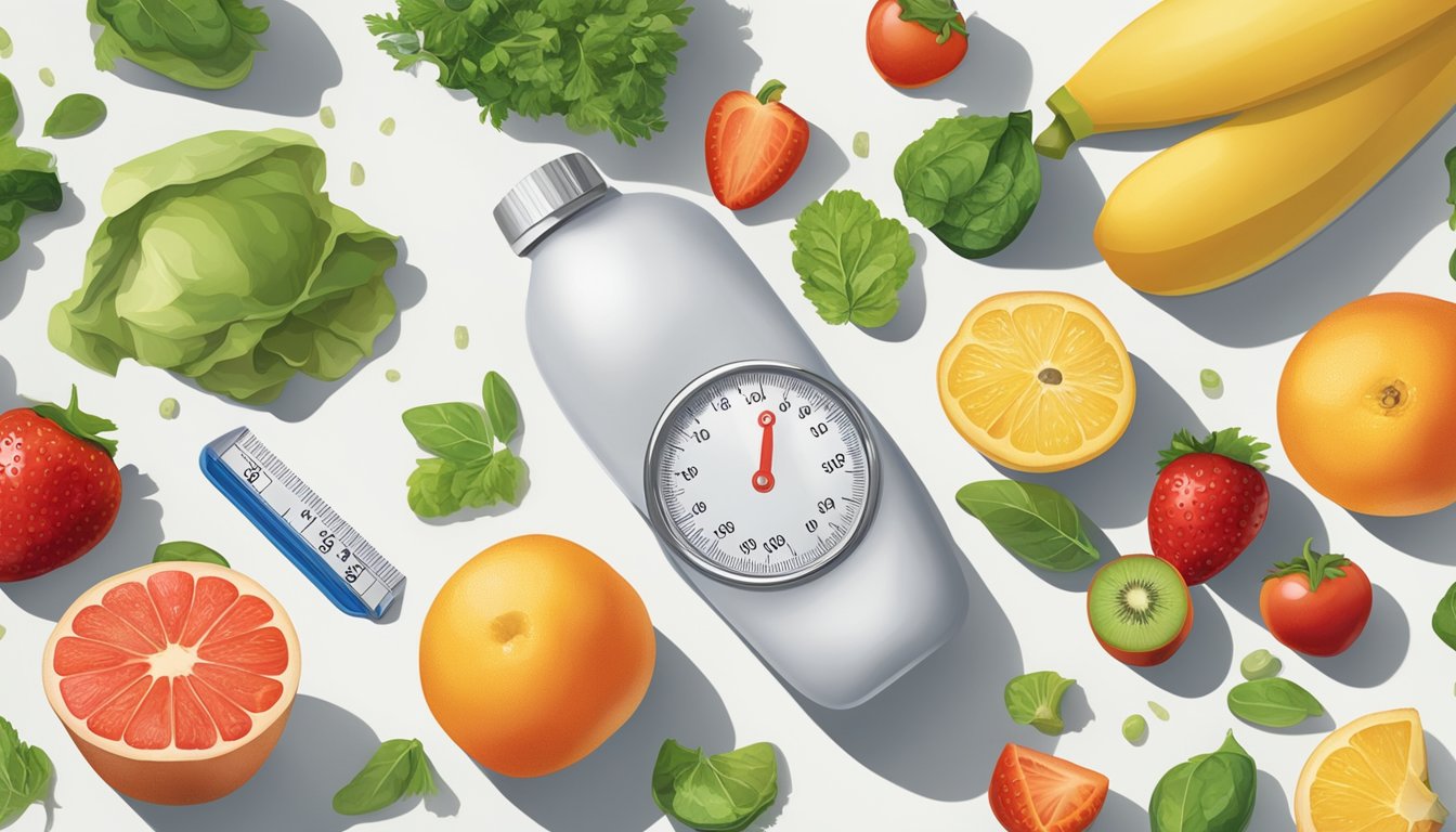 A bottle of Qsymia sits on a clean, white countertop, surrounded by fresh fruits and vegetables. A measuring tape and a scale are nearby, symbolizing long-term weight management