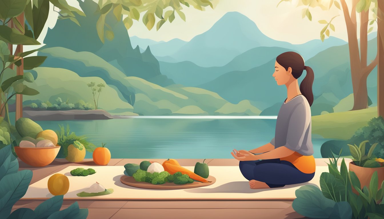 A serene setting with a scale, healthy foods, and a person practicing mindfulness through meditation or yoga