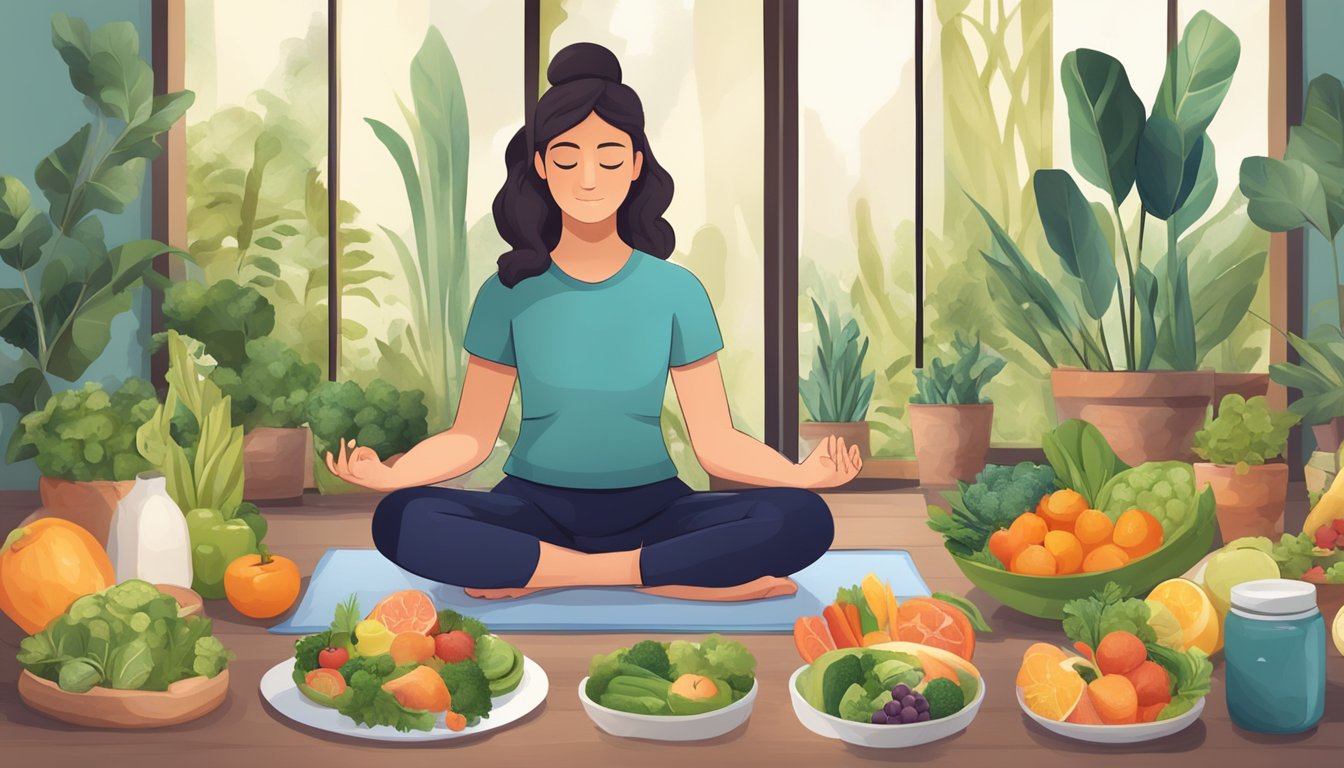 A person practicing mindfulness while taking Qsymia, surrounded by healthy foods and engaging in physical activity