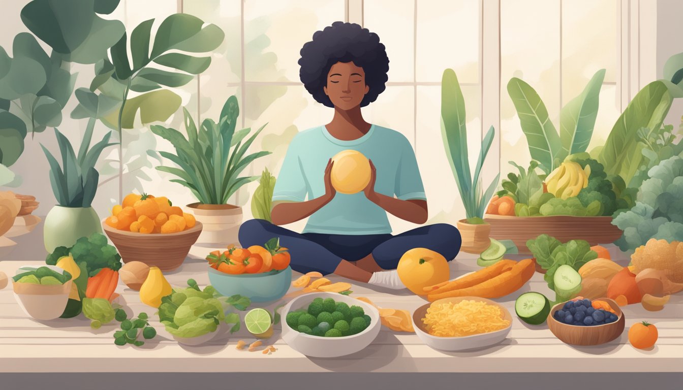 A person practicing mindfulness while taking Qsymia, surrounded by healthy food and engaging in physical activity