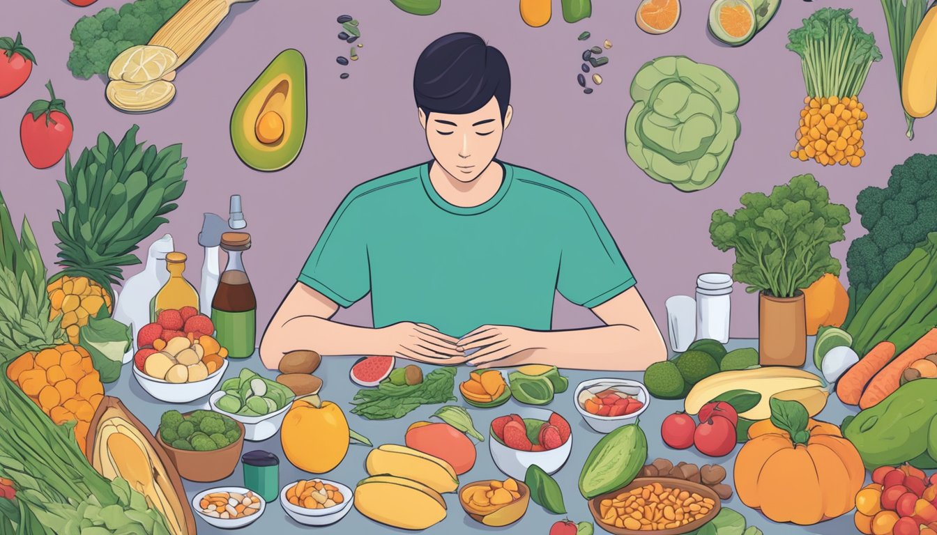 A person surrounded by healthy food choices, practicing mindfulness while taking Qsymia pills