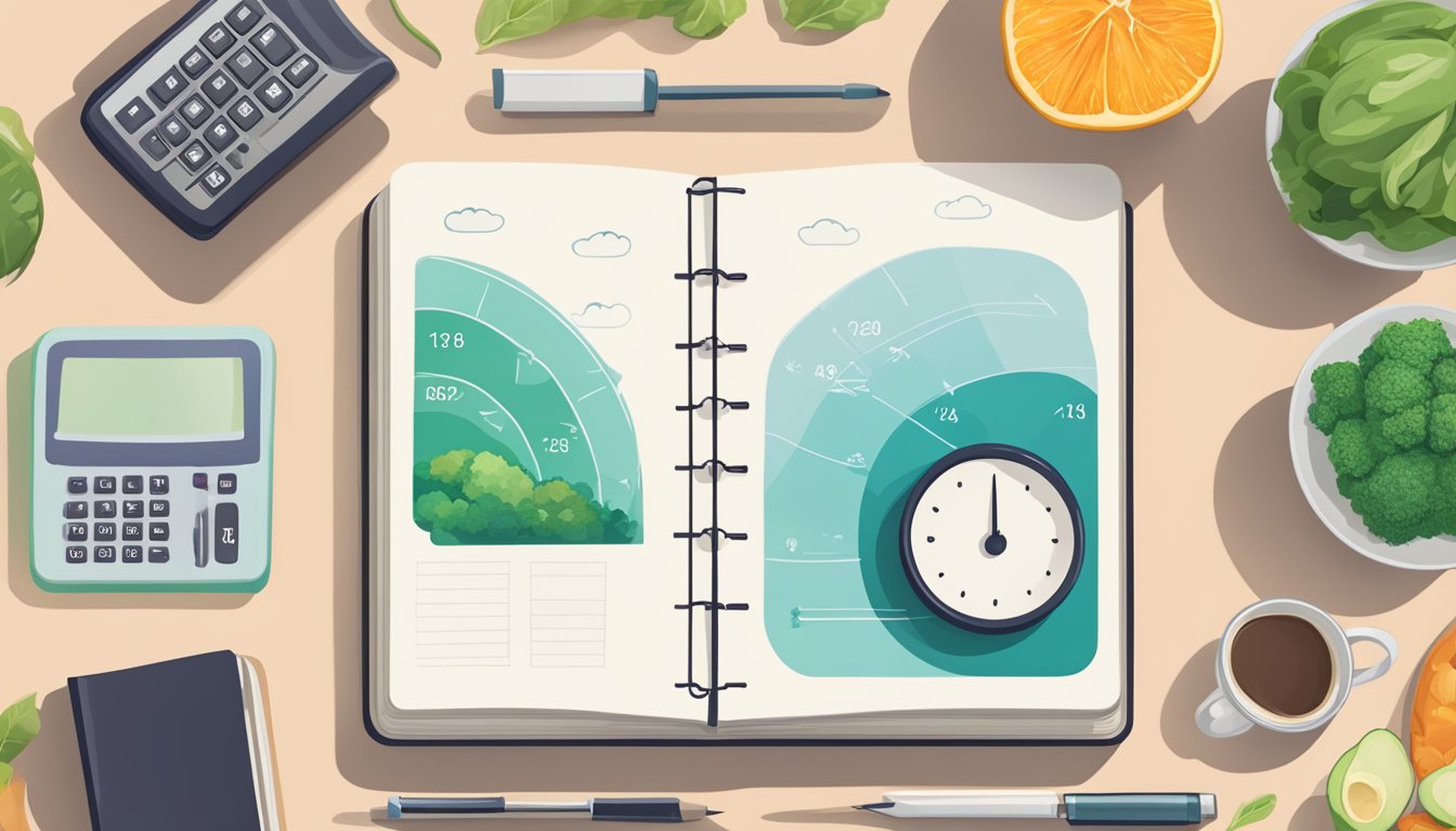 A scale displaying decreasing numbers, surrounded by a journal, healthy food, and a mindfulness meditation space