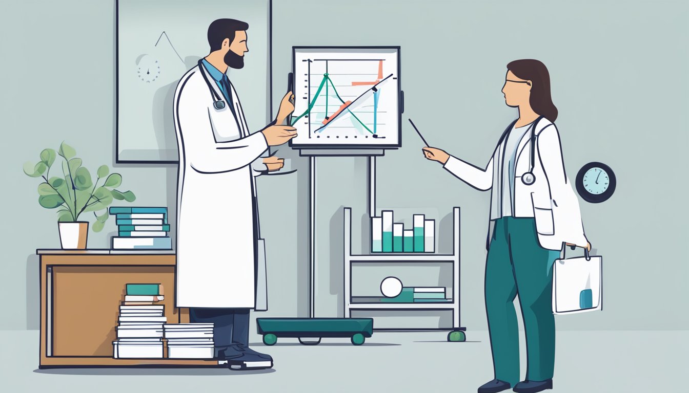 A person standing on a scale with a doctor pointing to a chart showing progress