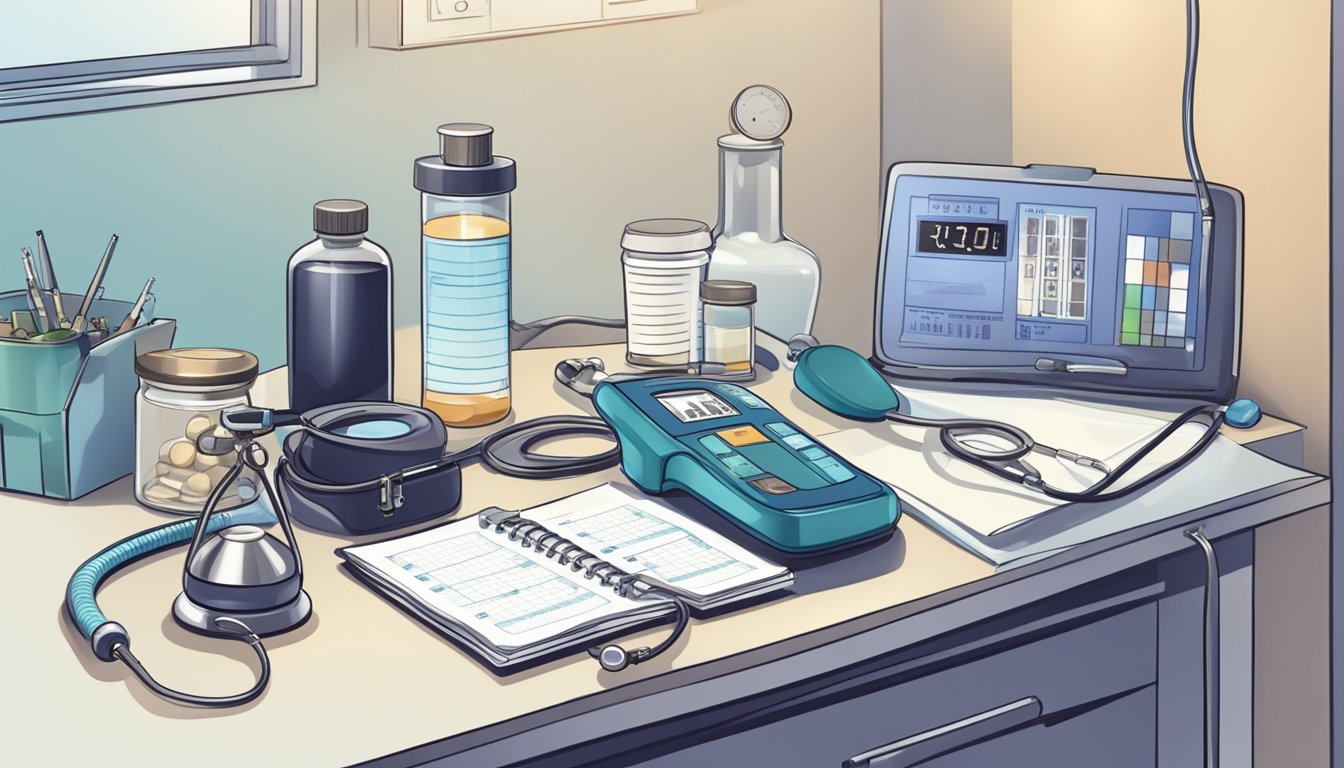 A doctor's office with a scale and blood pressure monitor, a prescription bottle of Qsymia, and a calendar marked with regular check-up appointments