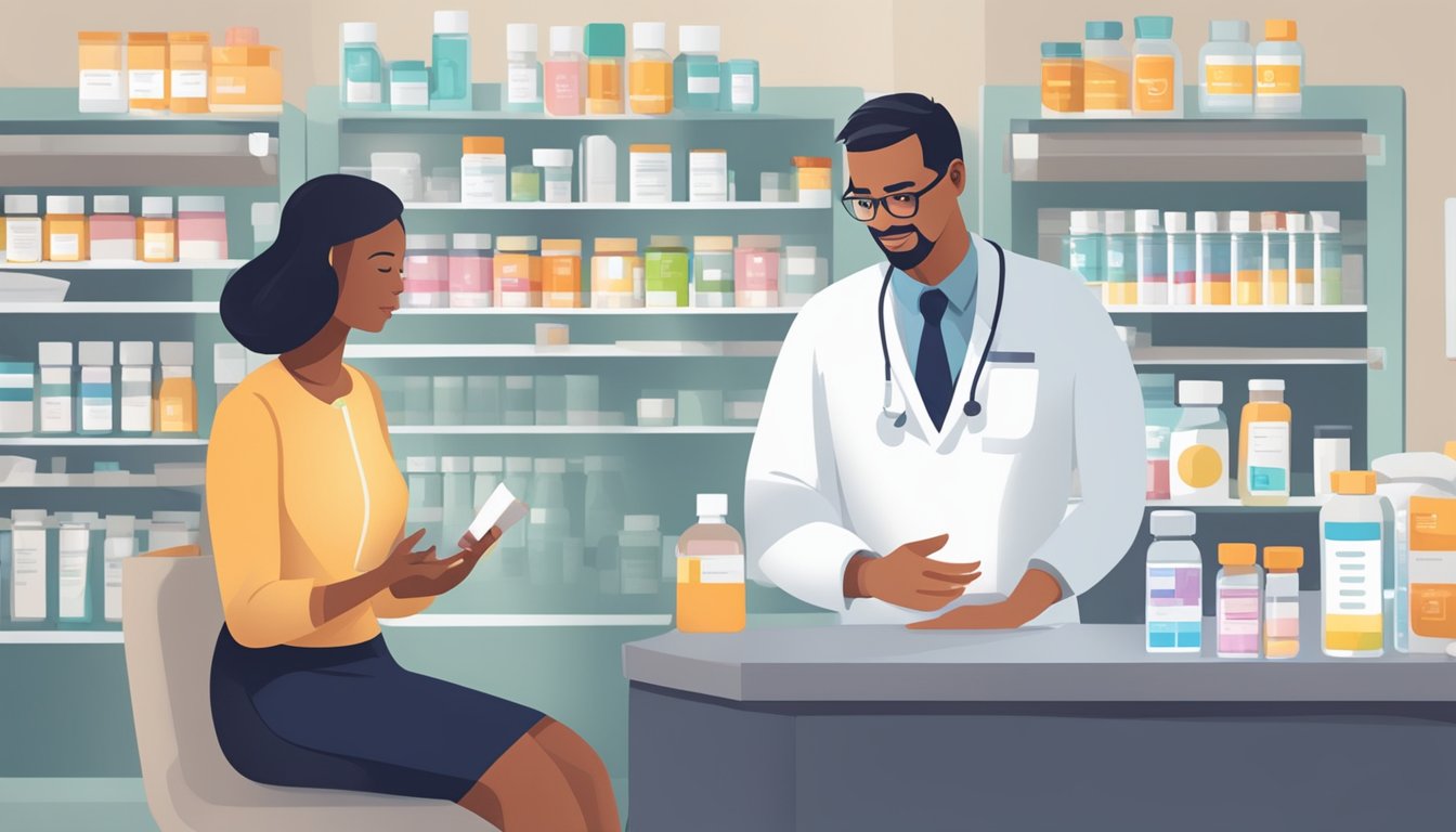 A pharmacist counseling a patient on Qsymia's potential interactions with other medications