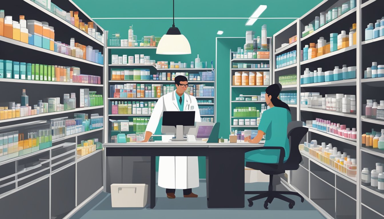 A pharmacist consulting a computer while surrounded by shelves of various medications