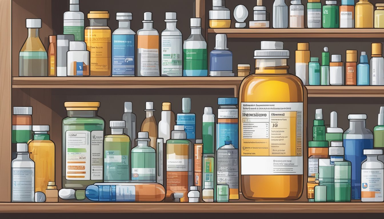 A bottle of Qsymia sits on a pharmacy shelf, surrounded by various other medications and substances. A warning label on the Qsymia bottle stands out, emphasizing the importance of understanding its interactions with other medications and substances