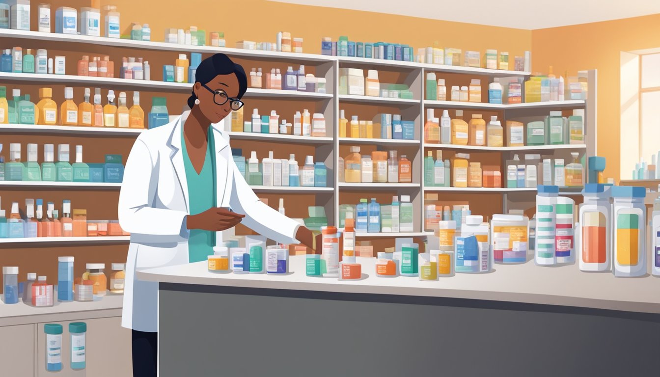 A pharmacist organizing various medications on a counter, with a bottle of Qsymia prominently displayed among the other prescription drugs