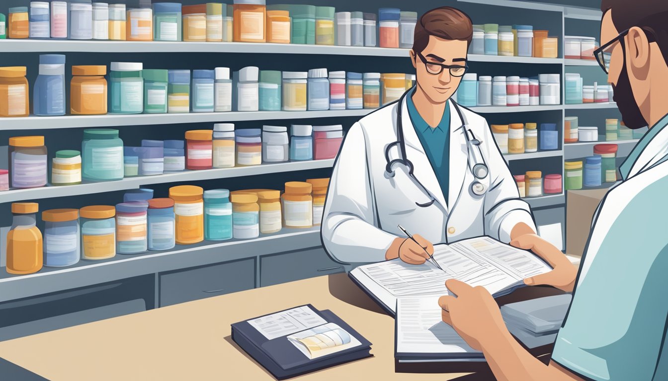 A pharmacist reviewing a list of medications while consulting a reference book on drug interactions