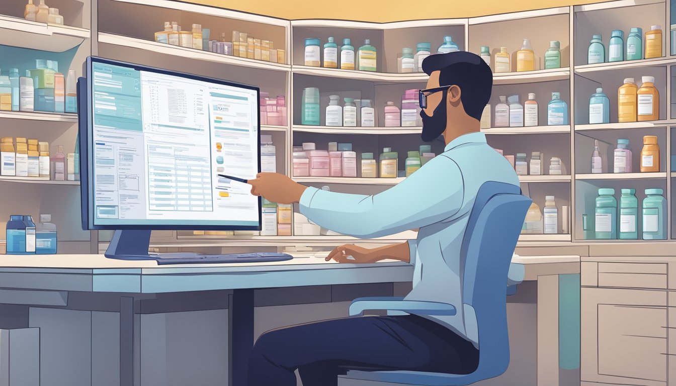 A pharmacist reviewing medication profiles and notes, with a computer screen displaying drug interaction information