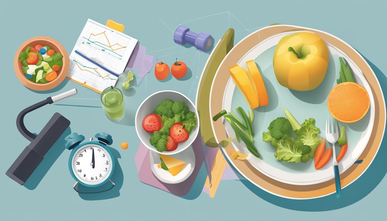 A colorful plate of balanced meals surrounded by exercise equipment and a graph showing progress over time