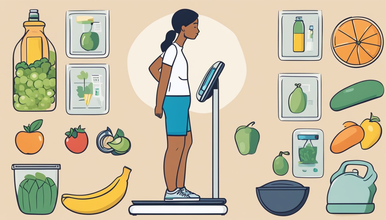 A person standing on a scale, looking frustrated as the number remains unchanged. Surrounding them are images of healthy food, exercise equipment, and a bottle of Qsymia