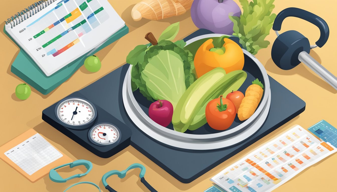 A scale showing a downward trend, surrounded by healthy food, exercise equipment, and a calendar marking progress