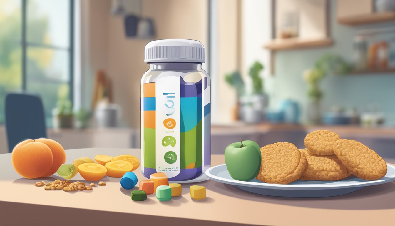 A pill bottle of Qsymia sits on a table next to a plate of healthy snacks. A person is seen exercising in the background