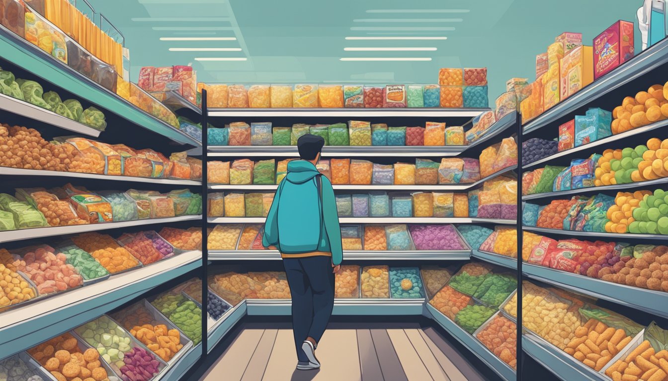 A person walking past a tempting display of unhealthy snacks, choosing to reach for a piece of fruit instead