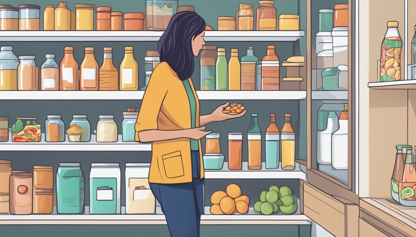 A person standing in front of a pantry, with one hand reaching for unhealthy snacks and the other hand reaching for a bottle of Qsymia