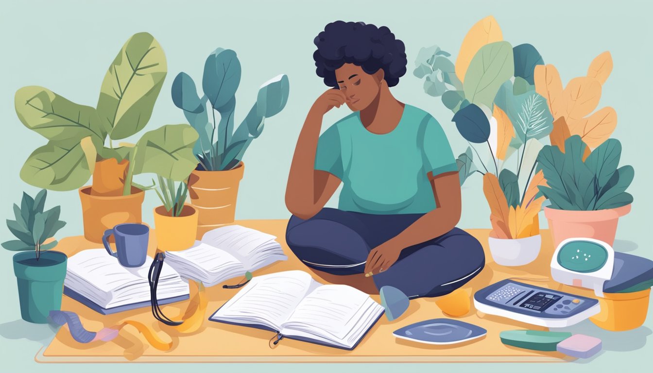 A person reflecting on their first year with Qsymia, surrounded by a journal, healthy food, a scale, and exercise equipment