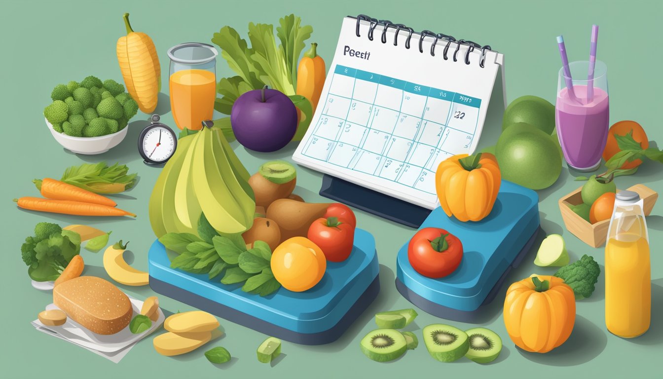 A scale surrounded by healthy food, exercise equipment, and a calendar marking progress