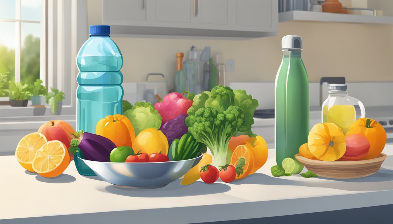 A colorful plate of fresh fruits and vegetables, a water bottle, and a bottle of Qsymia on a clean kitchen counter