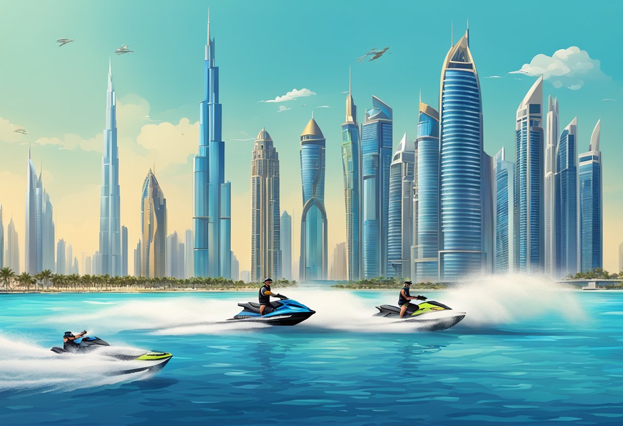 Watersports in dubai: a guide to thrilling aquatic adventures 2 A group of jet skis and parasailers on the vibrant blue waters of dubai, with the iconic city skyline in the background