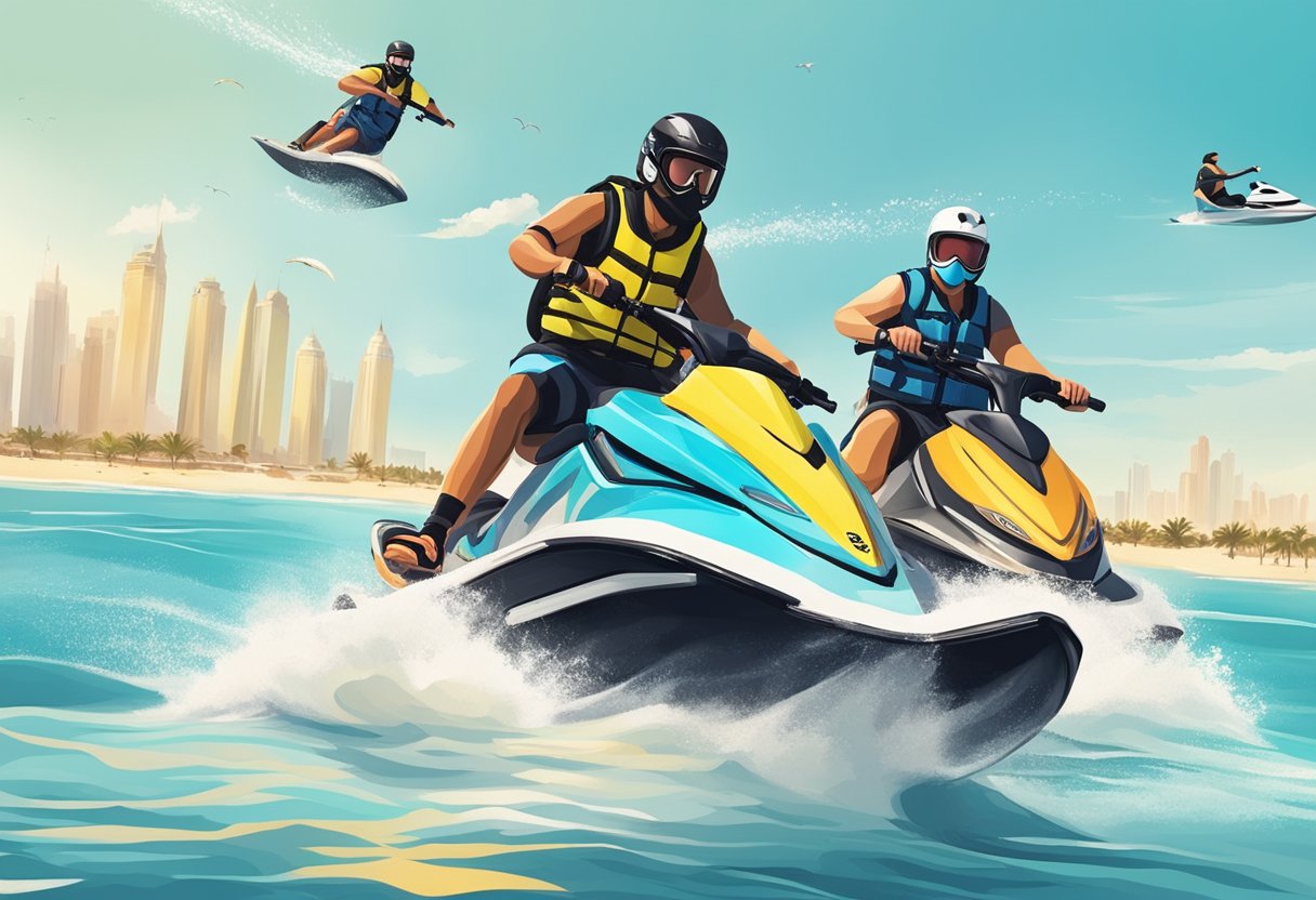Watersports in dubai: a guide to thrilling aquatic adventures 3 A group of watersport enthusiasts in dubai follow safety regulations as they enjoy activities such as jet skiing, parasailing, and paddleboarding on the calm waters of the arabian gulf