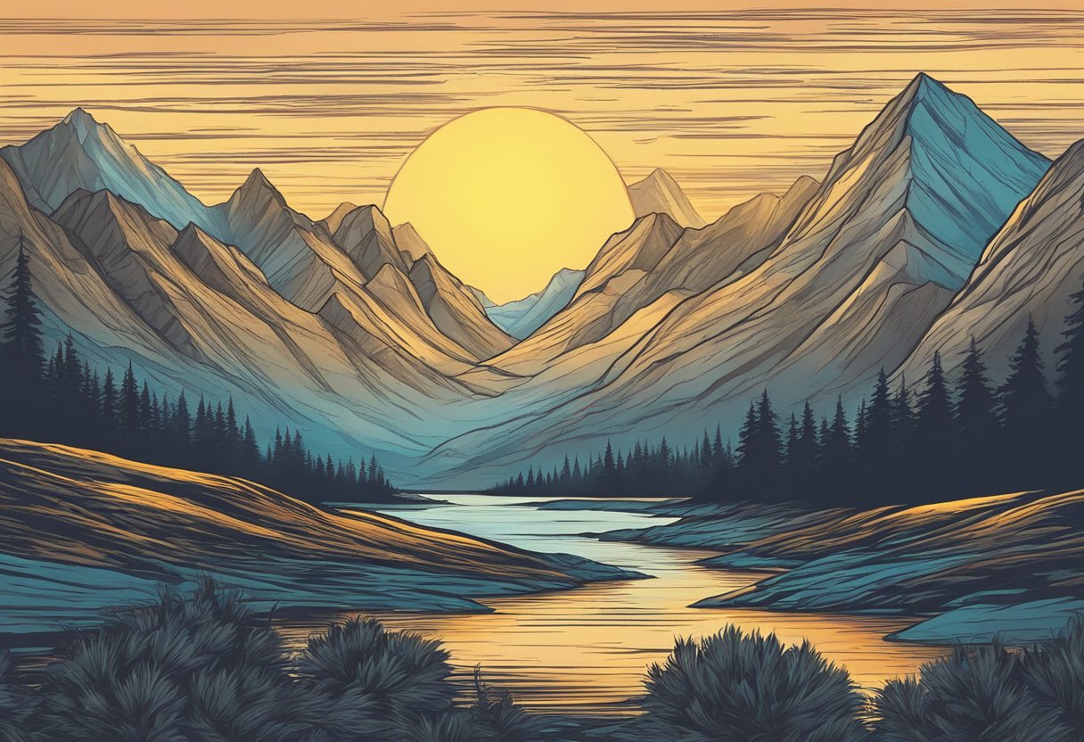 A digital illustration of a sunset over a mountain range with a high alpine lake and forest, alpenglow
