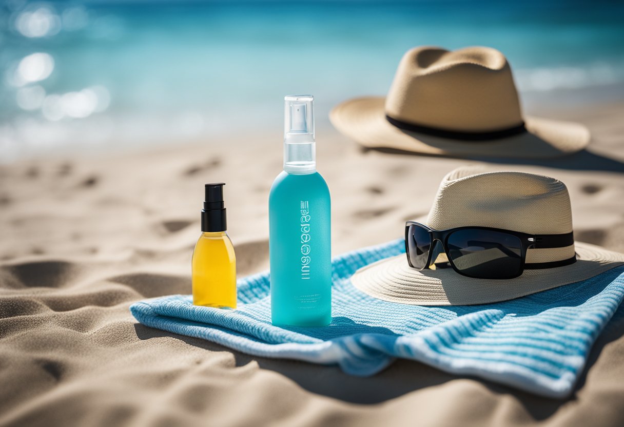 A sunny beach with clear blue skies and turquoise waters, where a bottle of invisible zinc sunscreen sits on a towel next to a pair of sunglasses and a hat