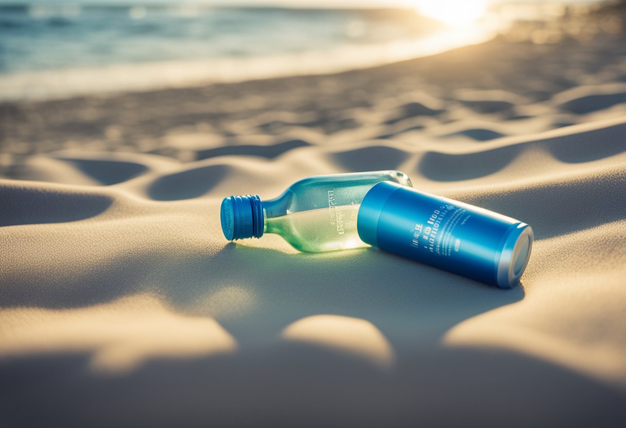 A sunny beach scene with a clear blue sky, sparkling ocean waves, and a bottle of Invisible Zinc Sunscreen sitting on a towel