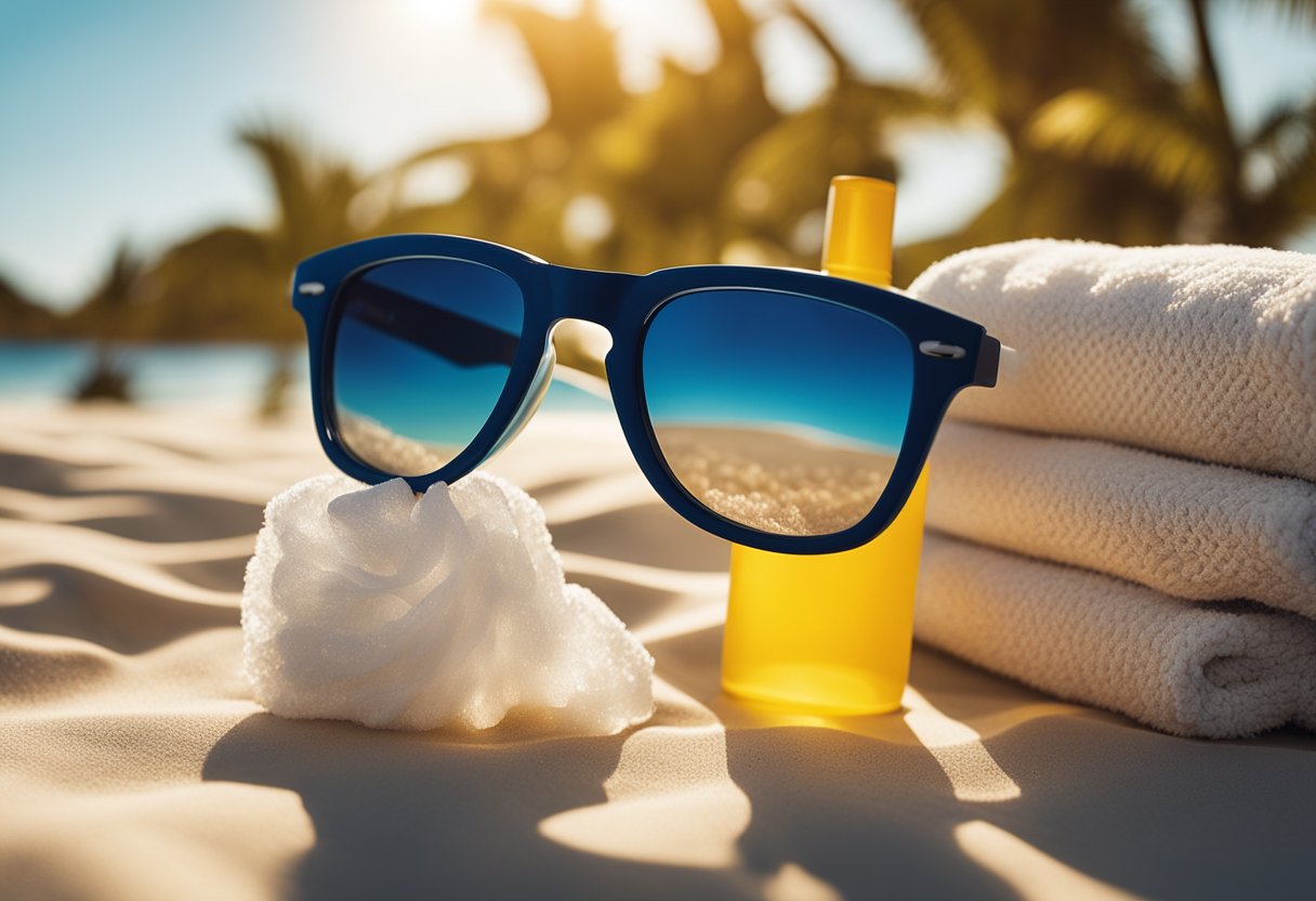 A sunny beach with clear blue skies and gentle waves, a bottle of tinted sunscreen sitting on a towel next to a pair of sunglasses