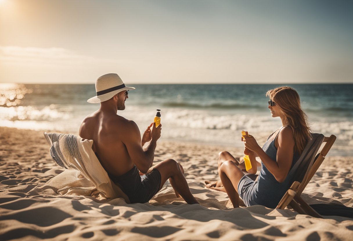 A beach scene with two individuals, one applying traditional sunscreen and the other applying invisible zinc sunscreen. The sun is shining brightly, and the ocean is visible in the background