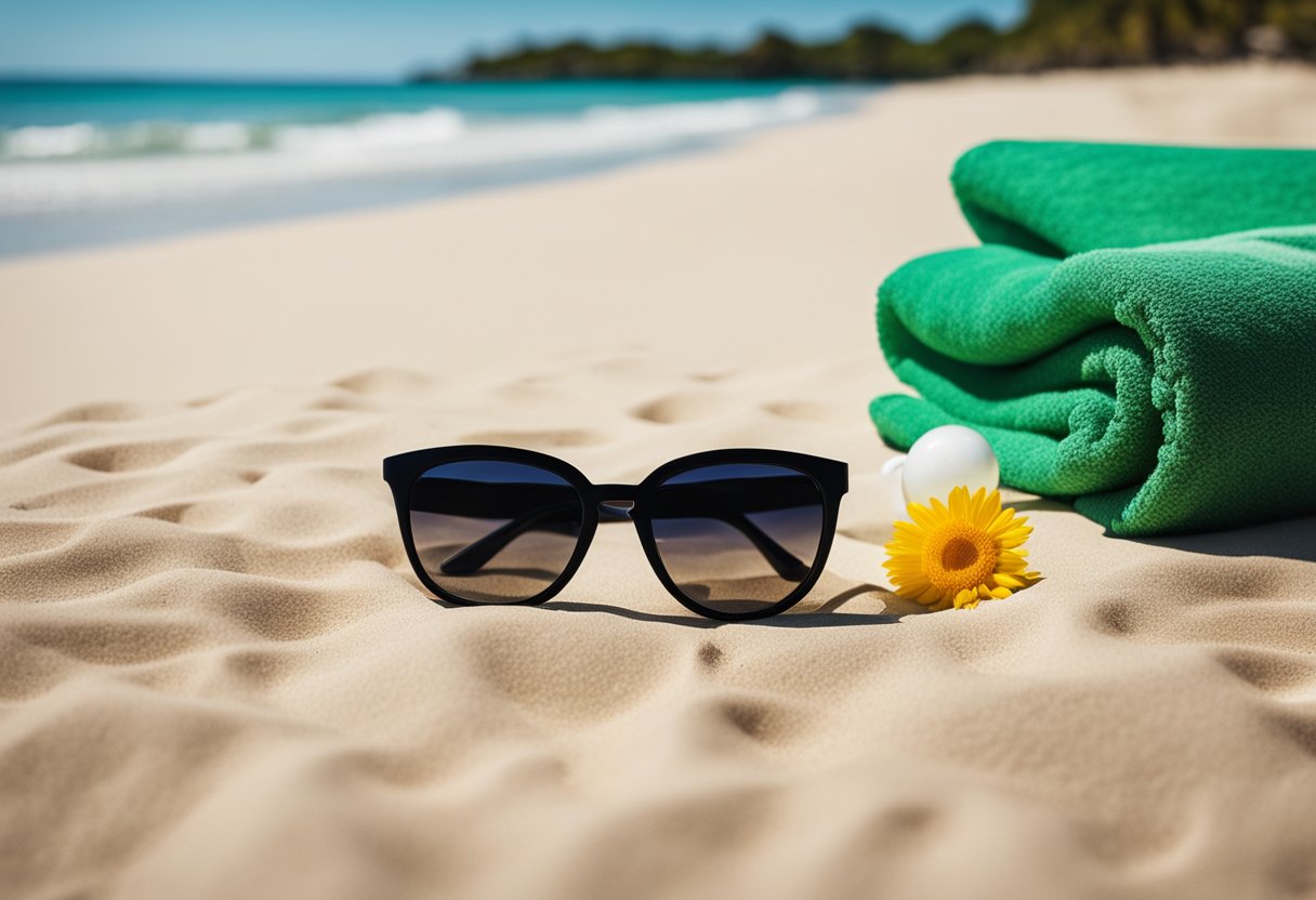 A sunny beach with a bottle of Invisible Zinc sunscreen, a towel, and a pair of sunglasses laid out on the sand