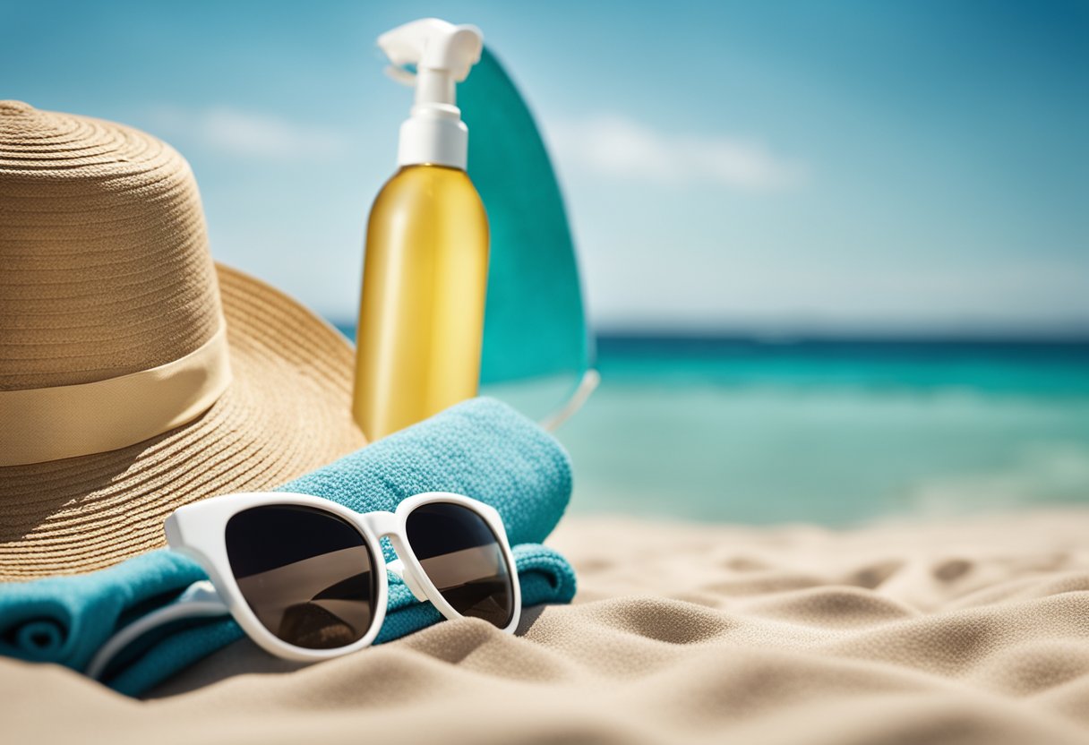 A sunny beach scene with a bottle of Invisible Zinc Sunscreen for Face and Body placed on a towel next to a pair of sunglasses and a sun hat