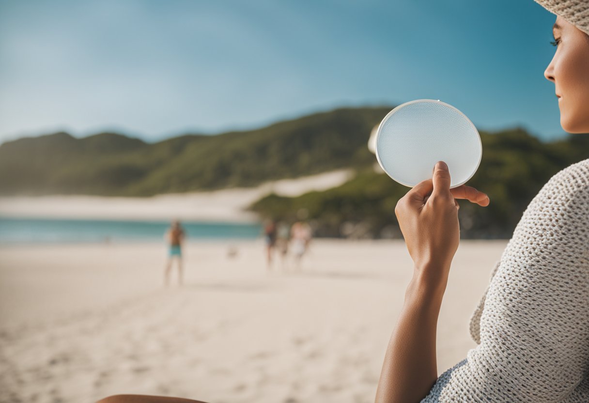 A serene beach scene with a clear blue sky, gentle waves, and a person applying invisible zinc sunscreen to their face