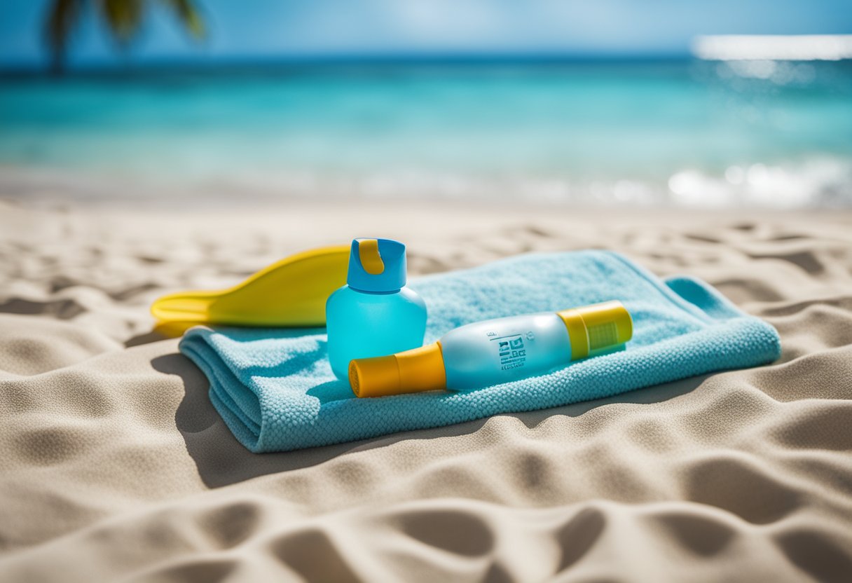 A sunny beach with clear blue water and a coral reef. A bottle of Invisible Zinc sunscreen sits on a towel next to a snorkel and flippers