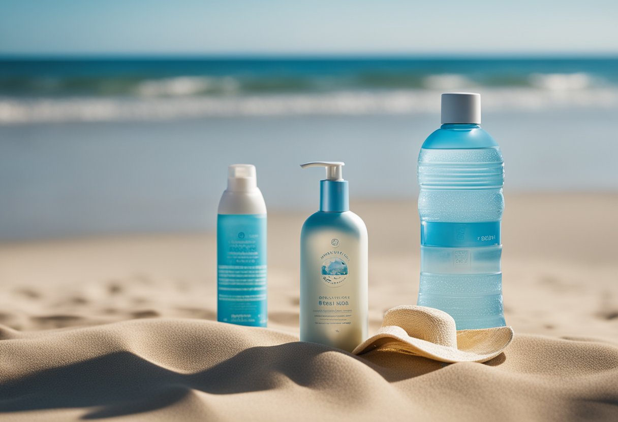 A sunny beach with clear blue skies, a calm ocean, and a family playing in the sand. A bottle of Invisible Zinc sunscreen sits on a towel