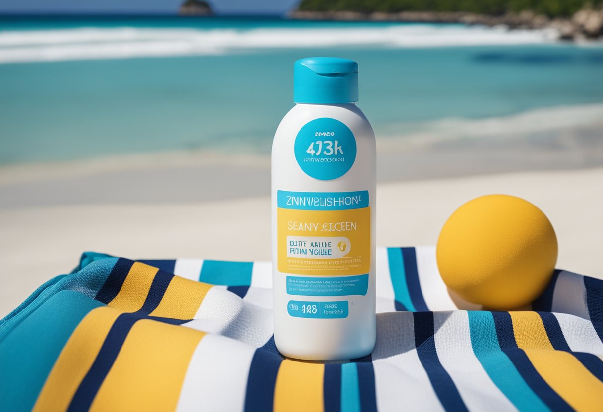 A tropical beach with clear blue water and a white sandy shore. A bottle of Invisible Zinc sunscreen sits on a colorful beach towel