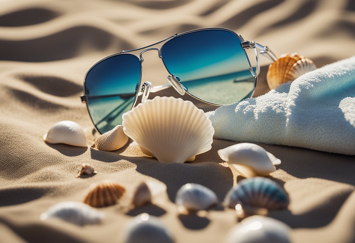 A sunny beach with a bottle of Invisible Zinc sunscreen lying on a towel, surrounded by seashells and a pair of sunglasses