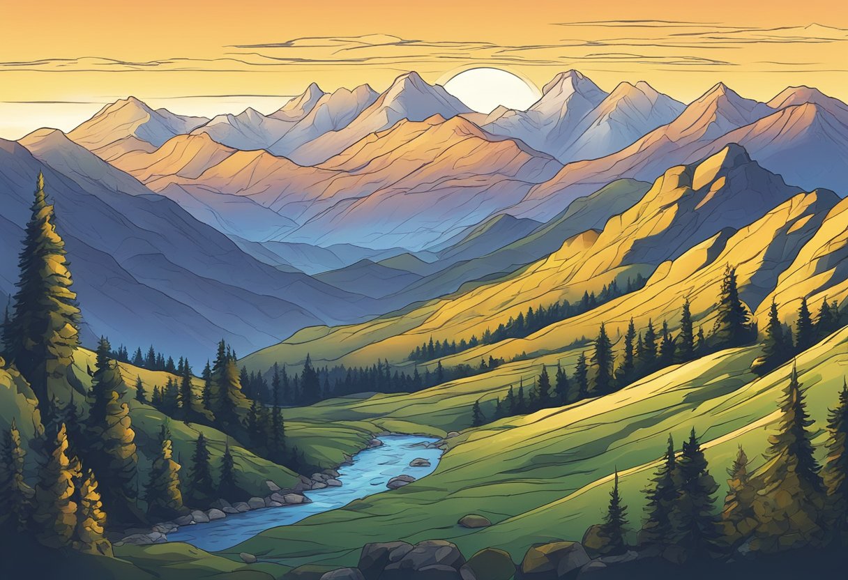 A digital illustration of a sunset over a mountain range with a high alpine river and forest, alpenglow