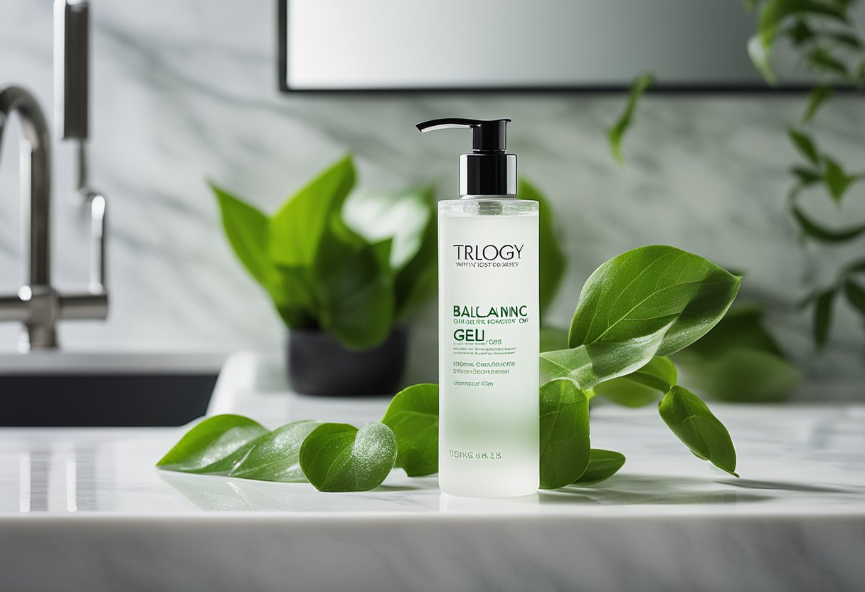 A clear bottle of Trilogy Balancing Gel Cleanser sits on a marble countertop, surrounded by fresh green leaves and a soft, white towel