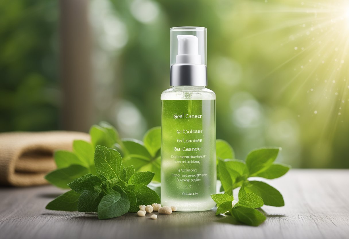 A clear bottle of gel cleanser surrounded by botanical ingredients and a list of benefits, with a backdrop of a serene natural setting