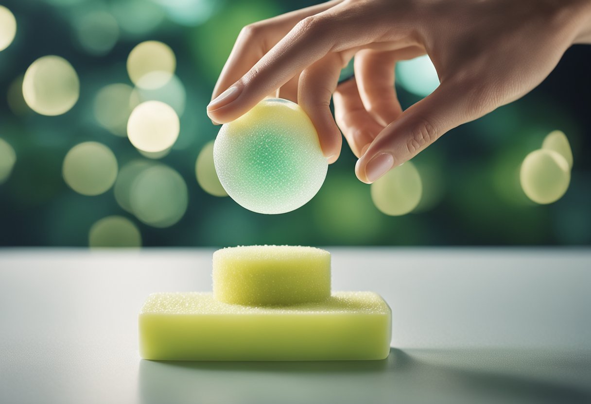 A clear gel cleanser being dispensed onto a palm-sized sponge, with a refreshing scent wafting through the air