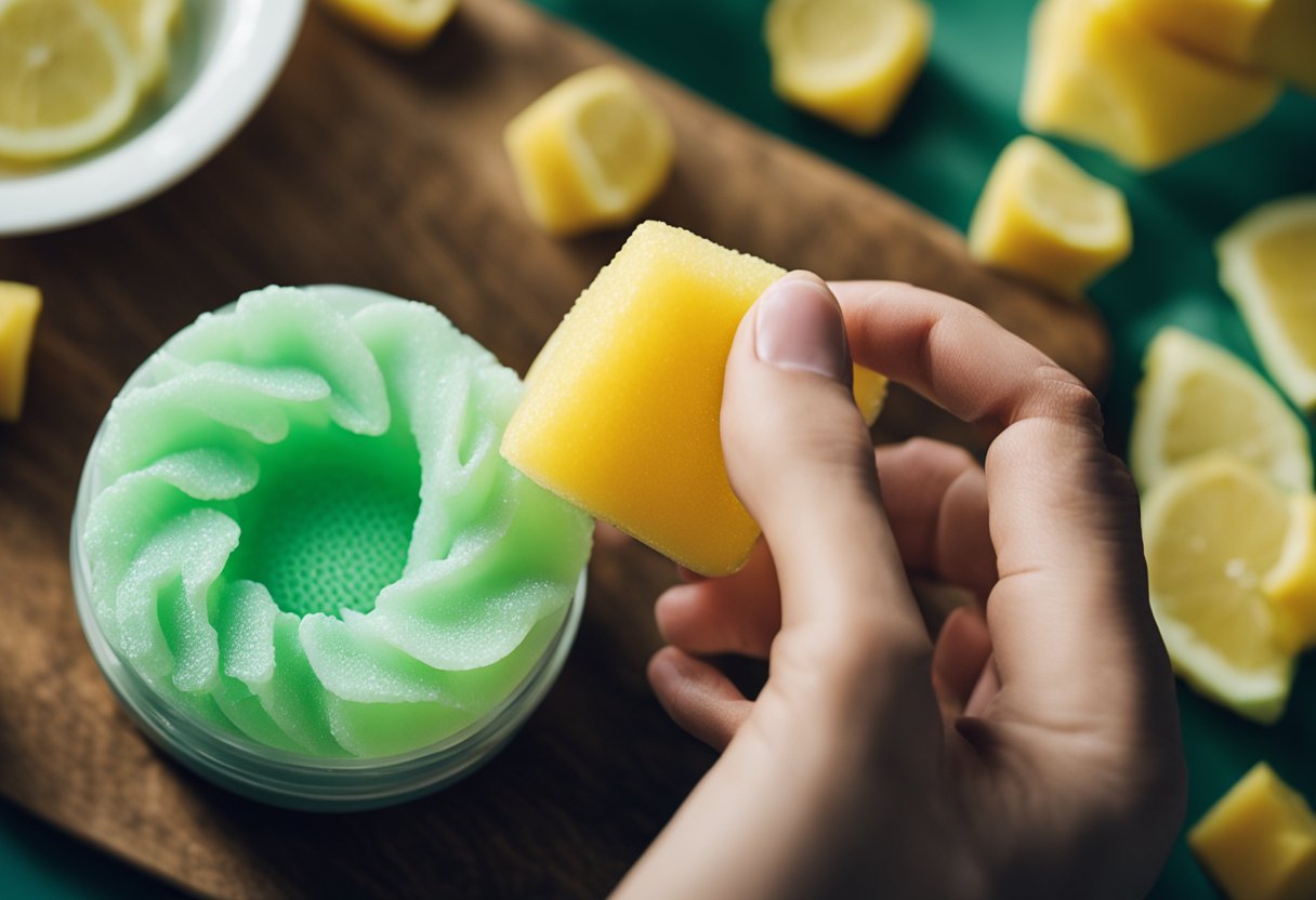 A hand squeezing gel cleanser onto a sponge