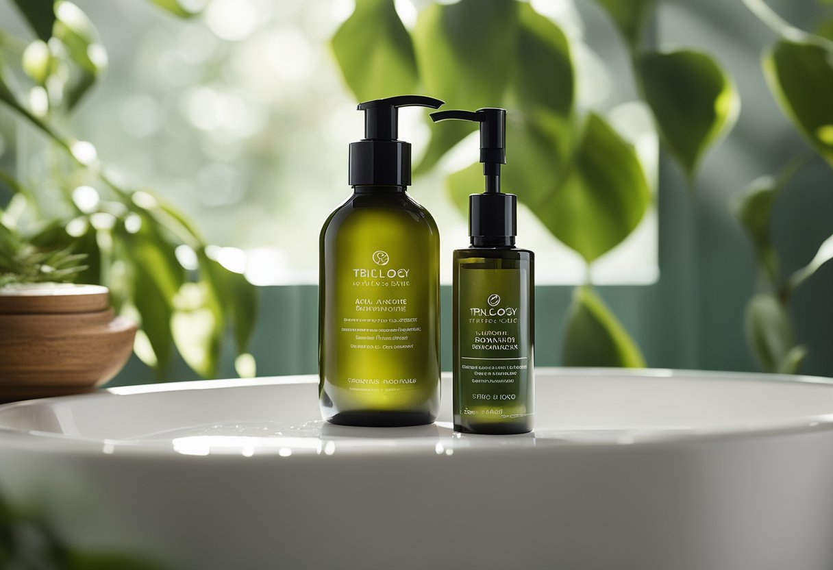 A serene bathroom counter with a bottle of Trilogy Balancing Gel Cleanser, surrounded by fresh botanicals and natural light