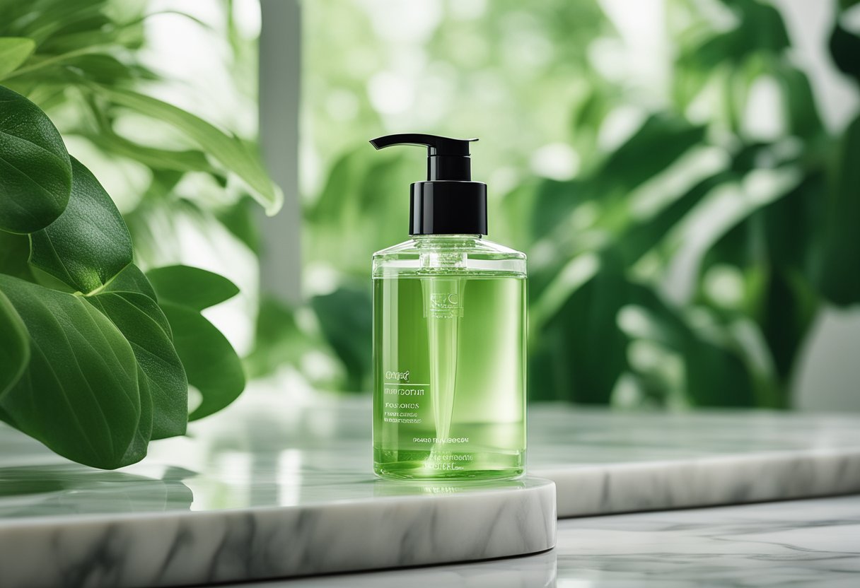 A clear gel cleanser bottle with a pump dispenser sits on a marble countertop, surrounded by lush green foliage and eco-friendly packaging materials