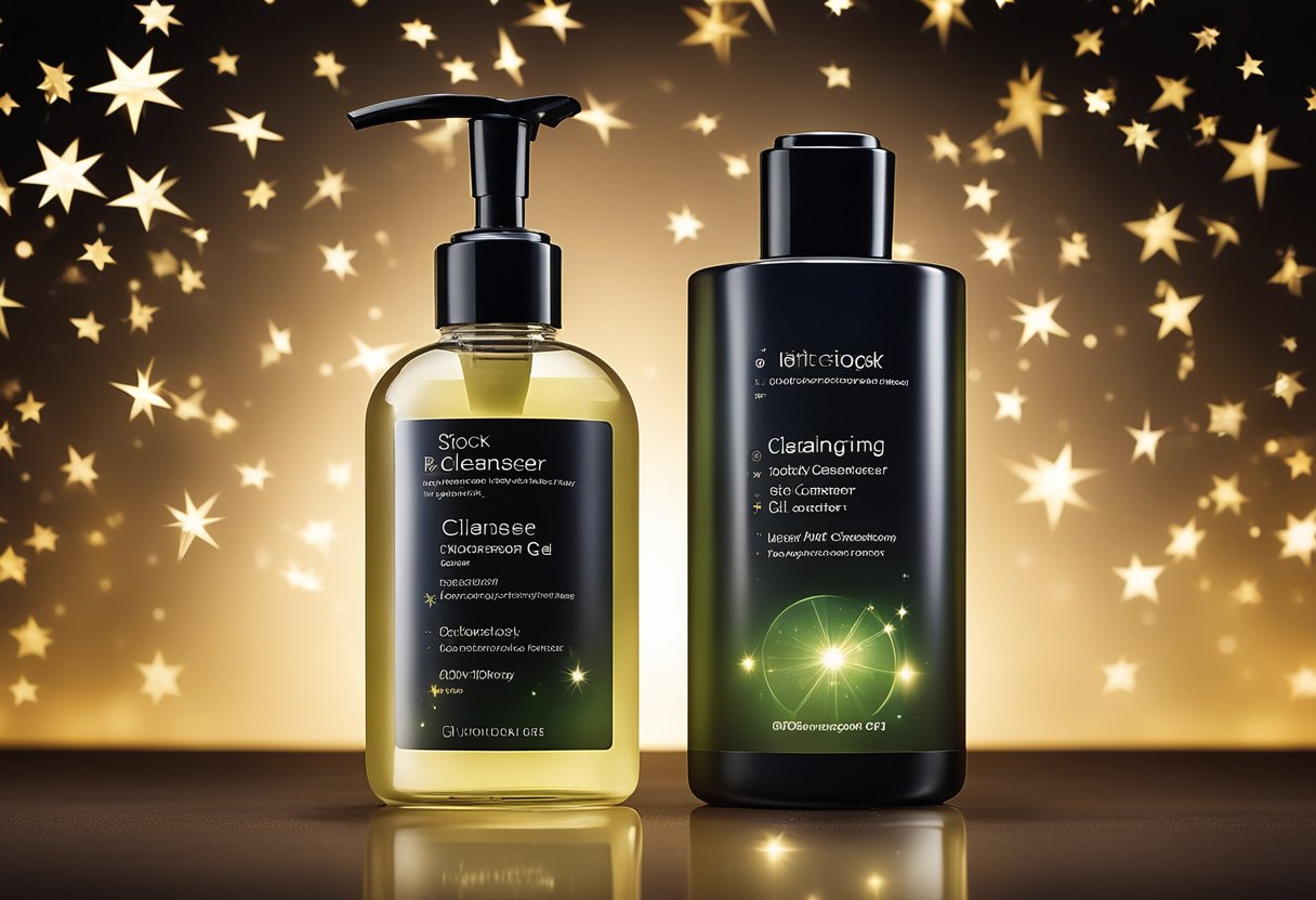 A bottle of trilogy balancing gel cleanser surrounded by glowing stars and positive feedback symbols