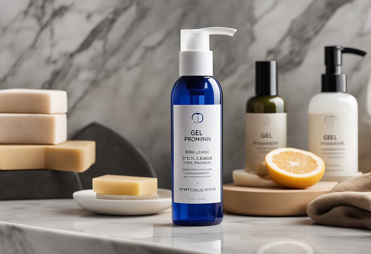 A hand reaching for a bottle of gel cleanser sitting on a marble countertop, surrounded by other skincare products. The label prominently displays the product name and key ingredients