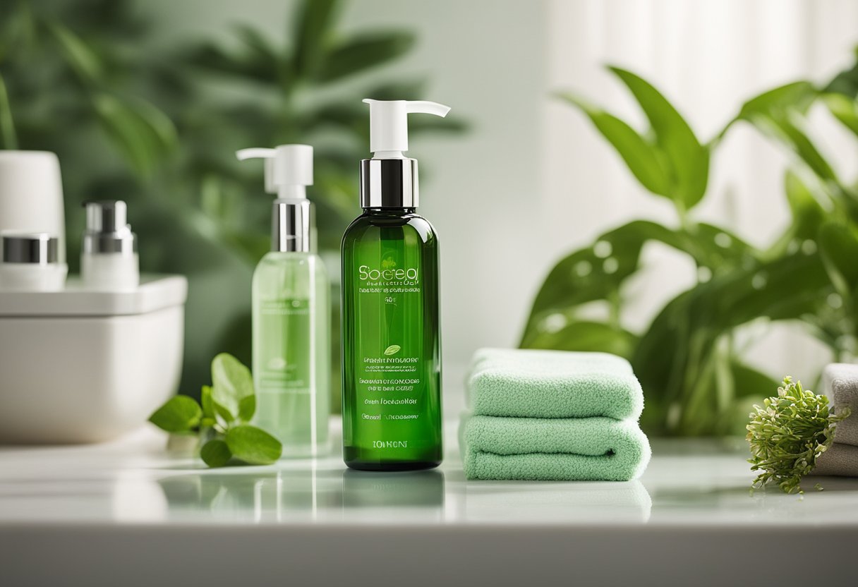 A serene bathroom shelf with the trilogy balancing gel cleanser bottle surrounded by fresh, green botanicals and a soft, fluffy towel